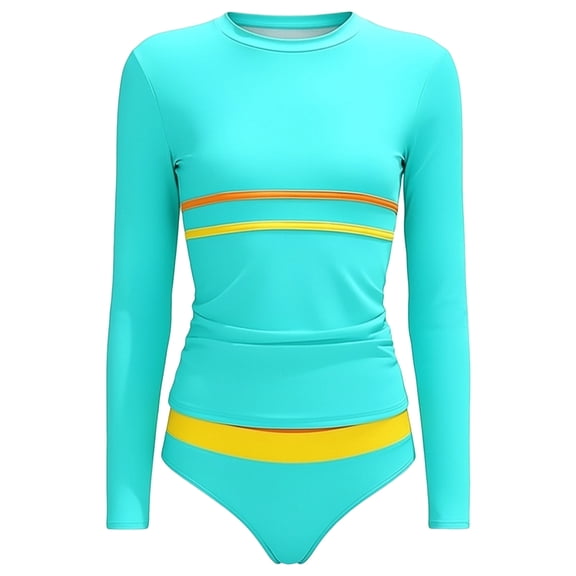 Quealent Girls Rash Guard Swimsuit Long Sleeve Dual-Color Stripe Modest Top with Swim Bottoms Bathing Suits for Girls 7-16Y (Mint Green, 11-12 Years)