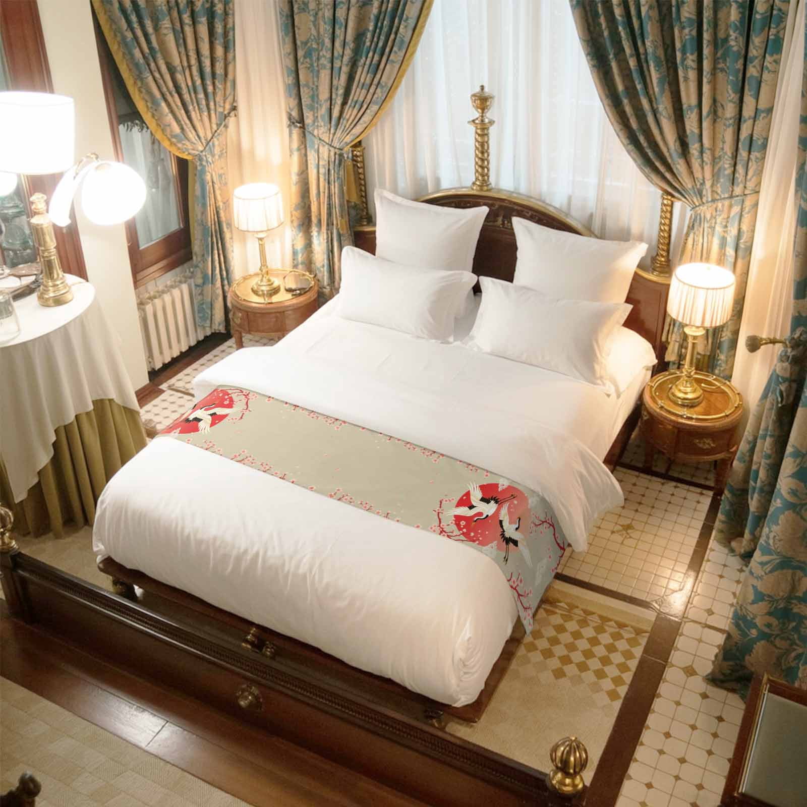 Pink Cherry Blossom Crane Bed Runner for Queen Size Bed, Japanese Style Cloud Harmony Soft Bedding Scarf Bedding Protector Slipcover Sofa Throw for Bedroom Hotel Guesthouse