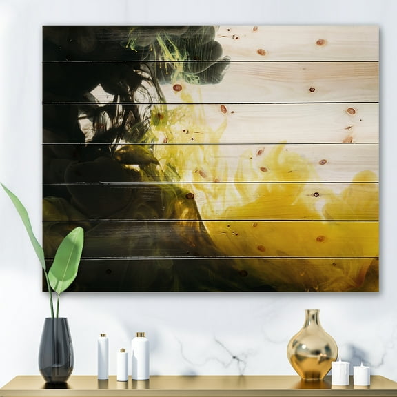 Designart 'Abstract Of Yellow Meeting Black' Modern Print on Natural Pine Wood