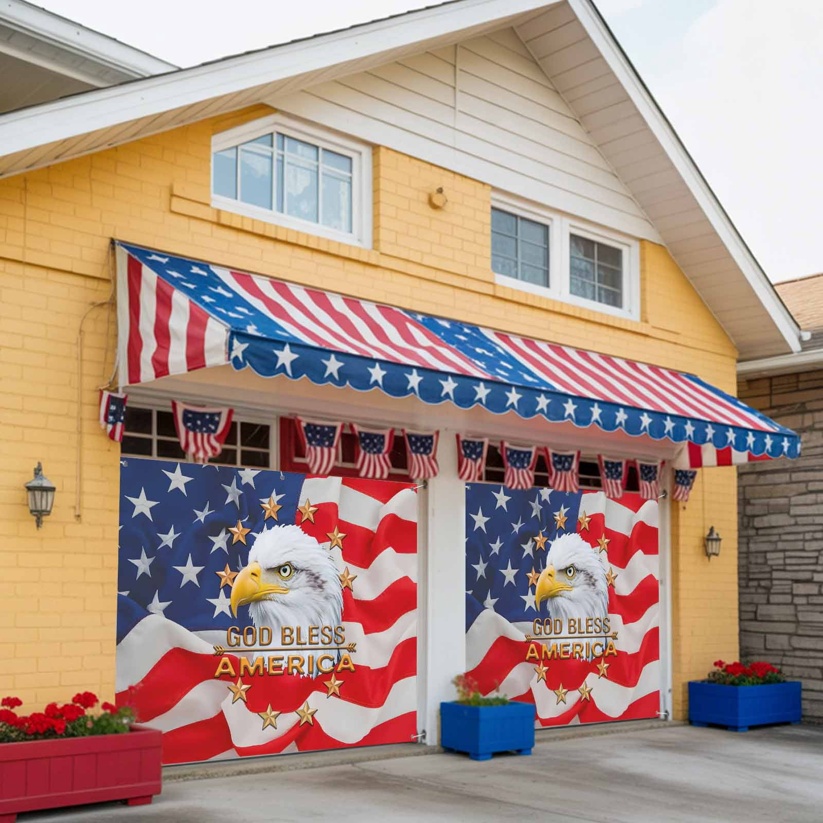 Eagle 4th of July Garage Door Cover Banner 7 x 16 FT, Independence Day Stars Flag Garage Door Curtains Backdrop with Grommets for Indoor Outdoor Wall Party Porch Yard Decorations Background