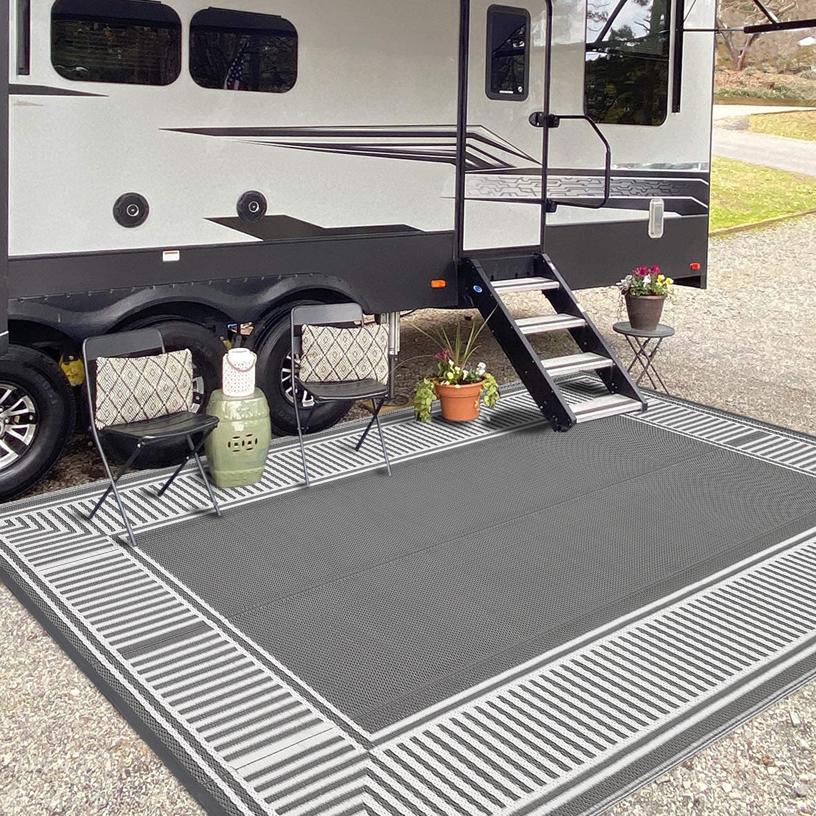 Garvee 9'x12' Outdoor Rug Waterproof Plastic Straw Rug, Modern Bordered Outdoor Carpet UV-Resistant Reversible Mat for Patio RV Deck Beach Porch, Gray and White