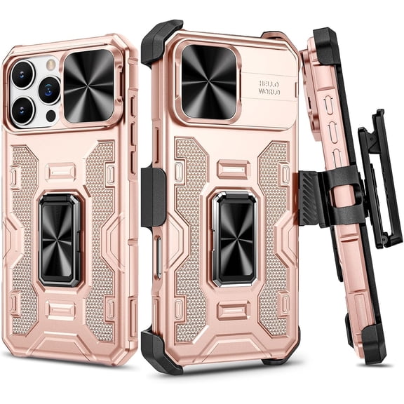 for iPhone 16 Pro Max Case, with Belt Clip Holster & Slide Camera Lens Protector & 360°Rotatable Ring Kickstand Military Grade Heavy Duty Protection Cover for 16 ProMax 5G - Rose Gold