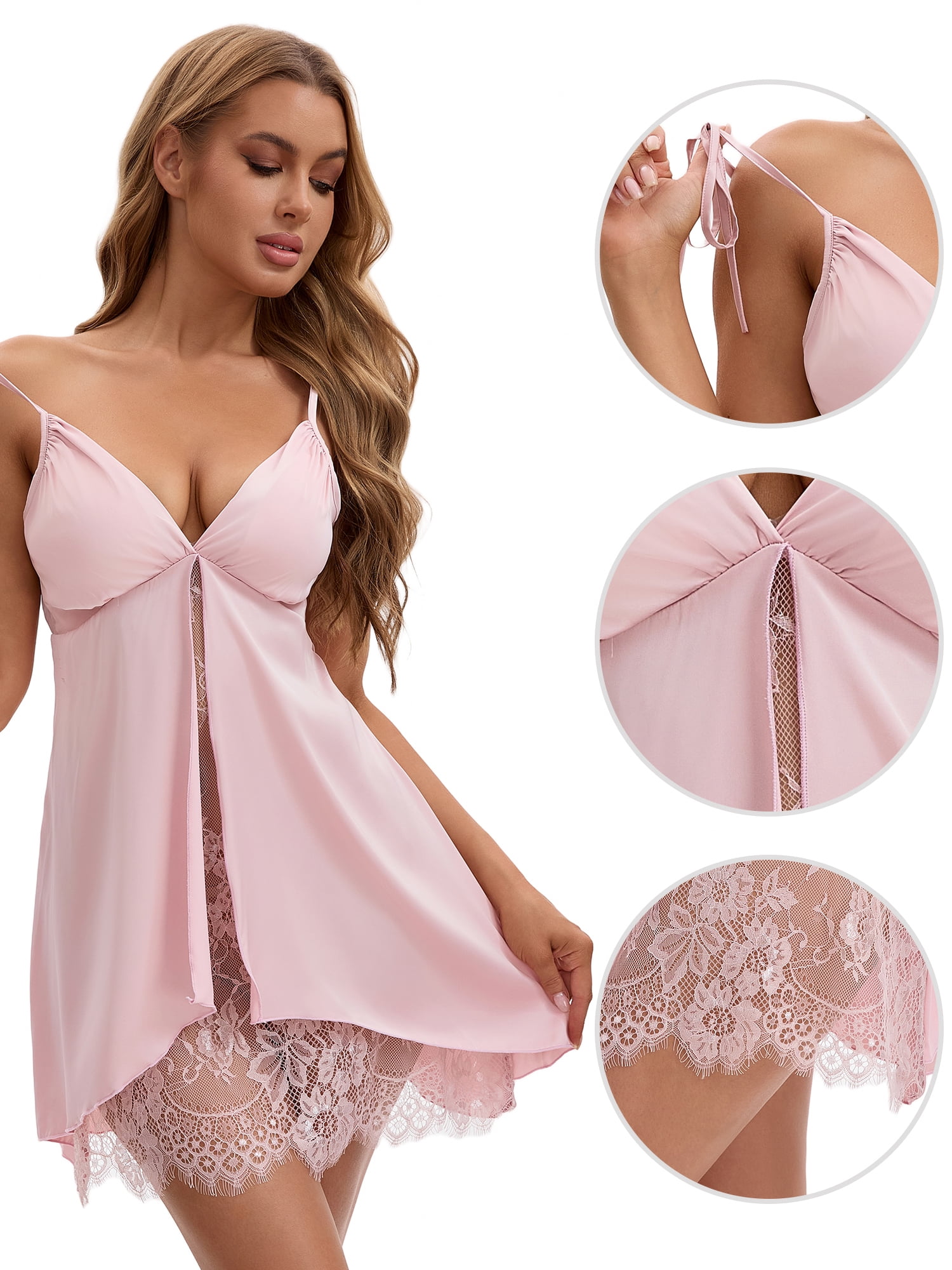 Unique Bargains Women's Deep V Full Slips Plunge Chemise with Bulit in Bra S Pink