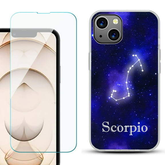Slim-Fit Flexible TPU Gel Phone Case for iPhone 13, with Tempered Glass Screen Protector, by OneToughShield ® - Zodiac / Scorpio