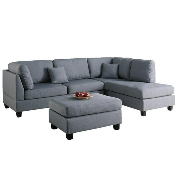 Pemberly Row 3 Piece Fabric Reversible Sectional Sofa Set with Ottoman in Gray