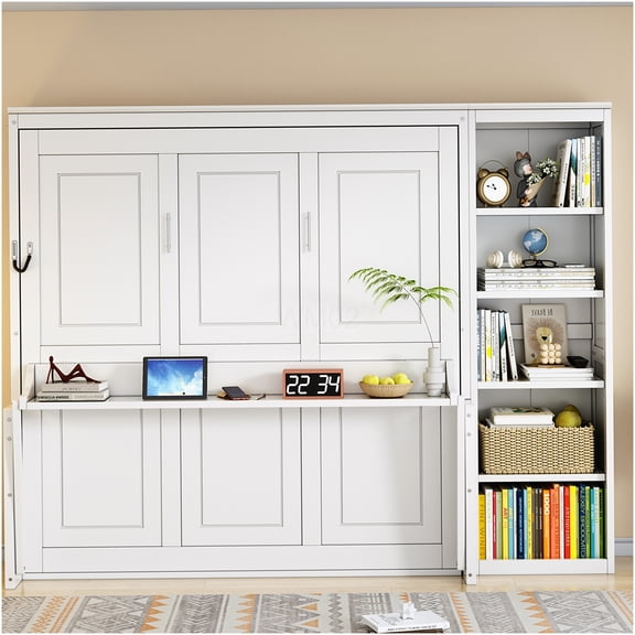 White Queen Murphy Bed with Desk and Bookshelf, Space Saving Wall Bed with Storage, Freestanding All-in-One Cabinet Unit