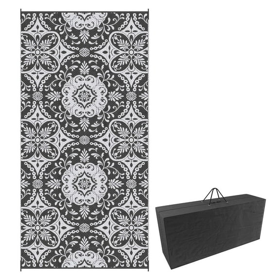 9x18ft Outdoor Rug - Reversible Waterproof RV Camping Carpet - Portable Plastic Straw Mat - Gray & White for Patio, Beach, Picnic