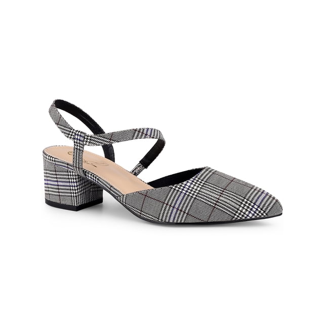 BLISSFUL STEP Houndstooth Slip on Block Heels Mules for Women Black White (Size 10)