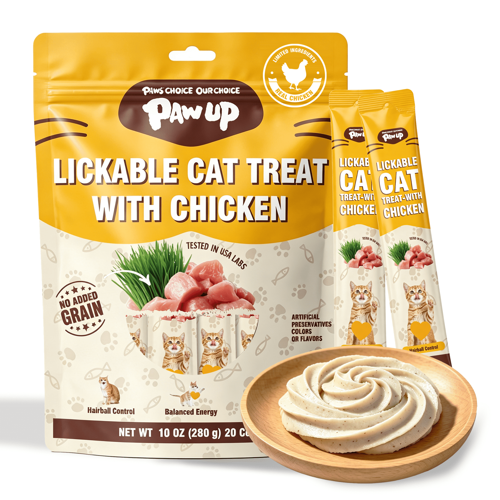 PAWUP Cat Treats Chicken Squeeze up Puree Indoor Cat Treats for Hairball Control, Lickable Wet Treats with Cat Grass, Grain-Free Healthy Snacks for All Cats, 20 Count
