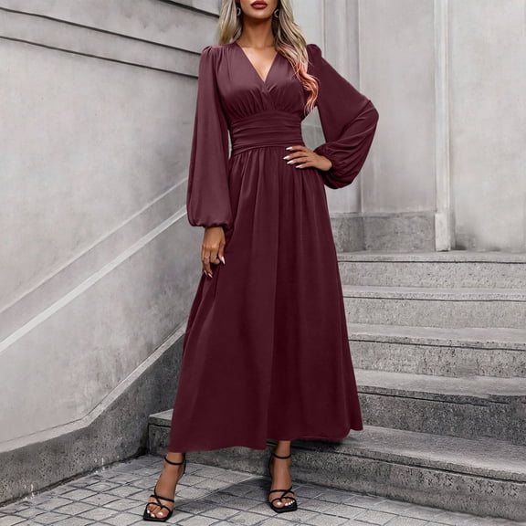 Karymi Sundress Satin Wrap V Neck Maxi Dress, Long Balloon Lantern Sleeve Ruched Empire Waist Flowy A Line Long Dress