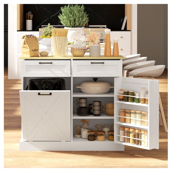 10 Gallon Kitchen Trash Cabinet, Farmhouse Kitchen Cabinet with Hidden Trash Can & 2 Drawers, White