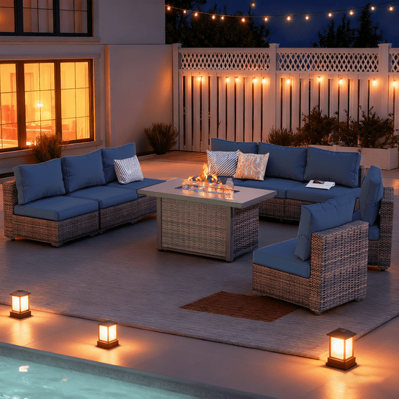 Gaildon 9 Piece Patio Furniture Set with Fire Pit Table, All Weather Outdoor Sectional PE Rattan, Patio Conversation Sets with Cushions and Glass Coffee Table for Garden Lawn Balcony Porch Deck, Blue