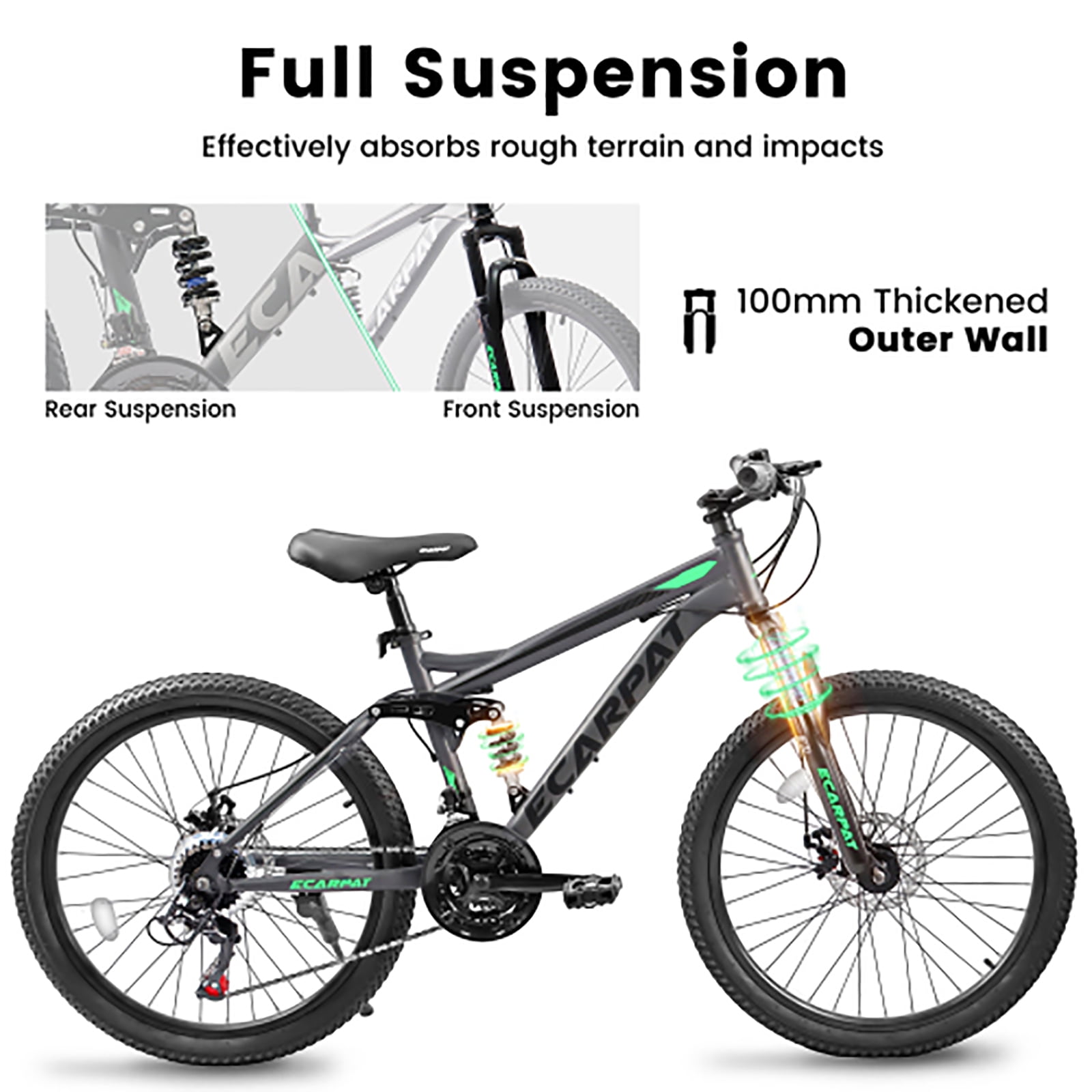 24 Inch Mountain Bike for Teenagers, High Carbon Steel Frame, Dual Full Suspension Mountain Bike, Mountain Tire, 21 Speed Mens Womens Outdoor Cycling, Birthday Gifts