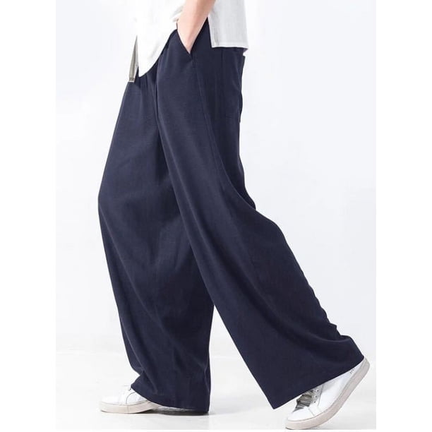 Pantalones de lino pegajosos para hombre Pantalones sueltos y rectos para hombre Pantalones casuales de otoño de algodón y lino Pantalones anchos con colgante para hombre