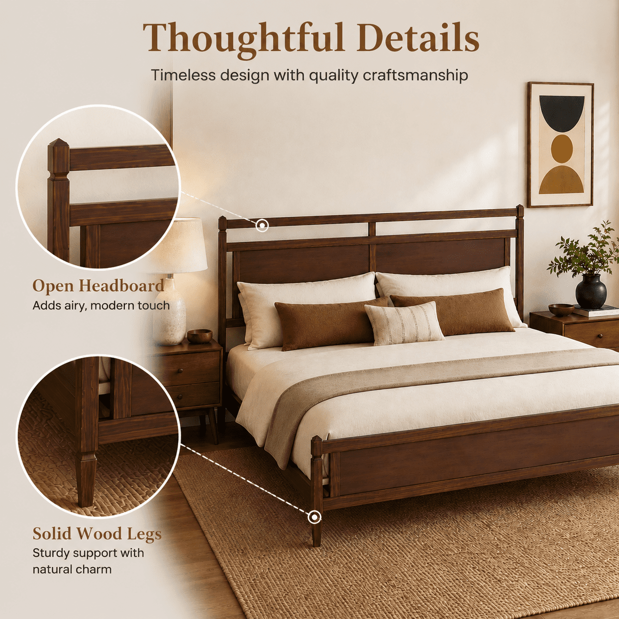 Euroco Modern Wood King Size Platform Bed, Mid-Century Bed Frame with Panel Headboard, No Box Spring Needed, Dark Walnut