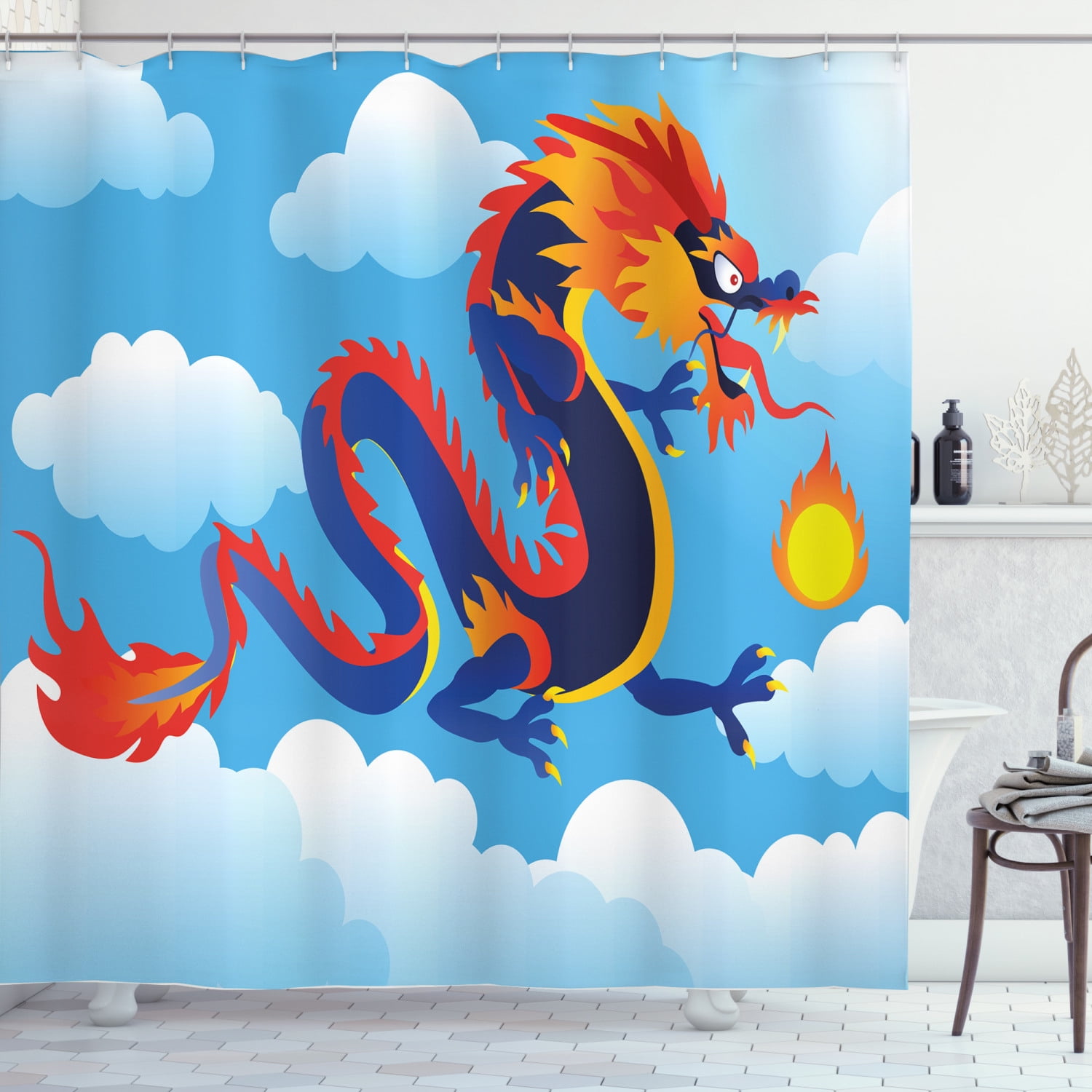 Ambesonne Dragon Shower Curtain, Surreal Folk Tale Art, 69"Wx70"L, Sky