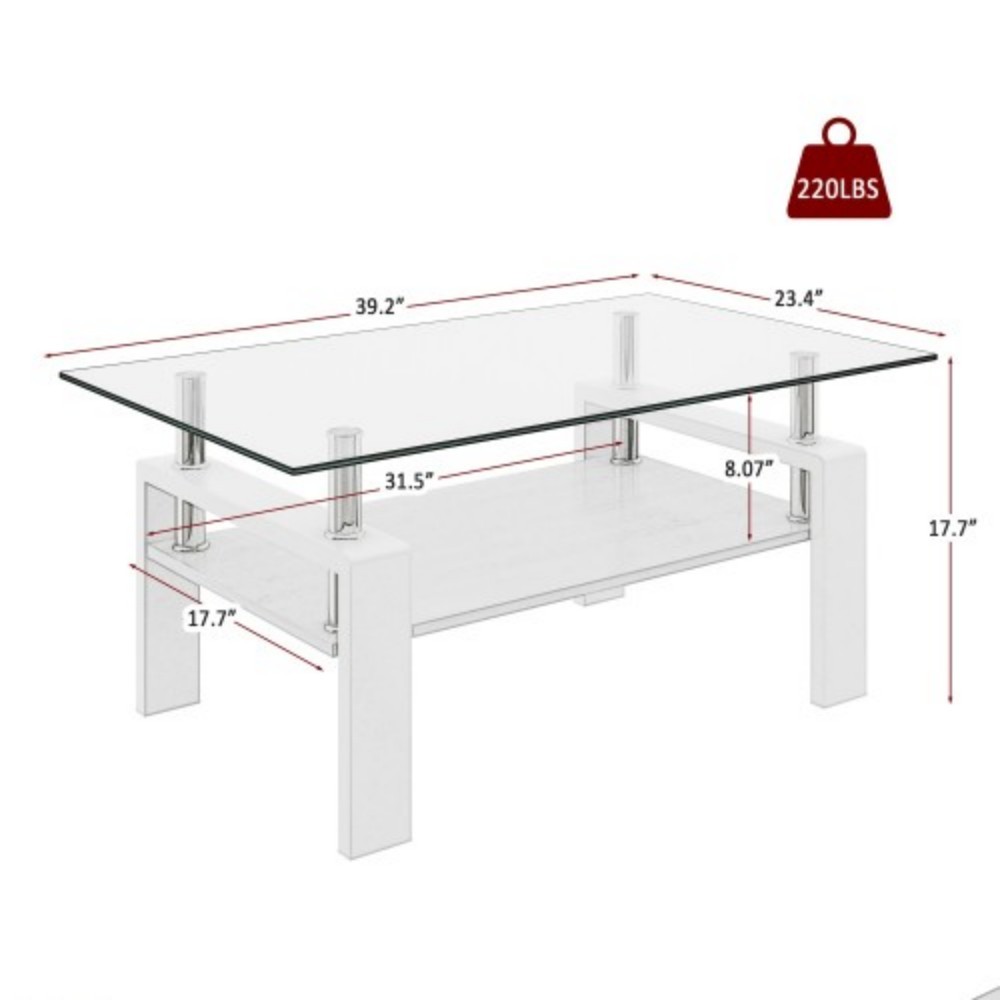 Rectangle Coffee Table, 39.2" Tempered Glass Tabletop with White MDF Storage Shelf and Iron Legs, Modern Clear Glass Center Table for Living Room, 220 lbs