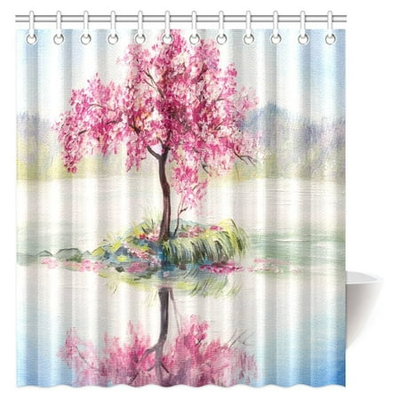 MYPOP Tree Pink Floral Decor Shower Curtain, Blooming Japanese Cherry Sakura on the Lake Soft Romantic Almond Tree Bathroom Decor Set with Hooks, 66 X 72