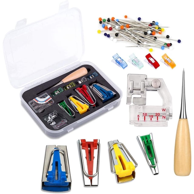 Kit para hacer cinta al bies de tela con punzón de costura, pasador de posicionamiento, clip de carpeta ajustable, punzón de madera, prensa de pie, práctico juego para hacer cinta al bies