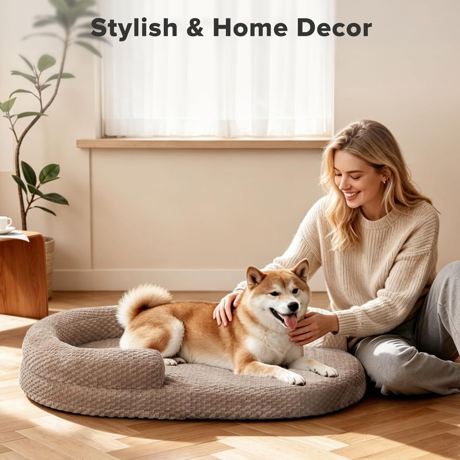 XL Orthopedic Dog Beds Large Sized Dog, Extra Large Washable Waterproof Oval Large Dog Bed with Removable Cover, Egg-Crate Foam Pet Bed with Bolster & Non-Skid Bottom, Dark Grey, 42''x31''