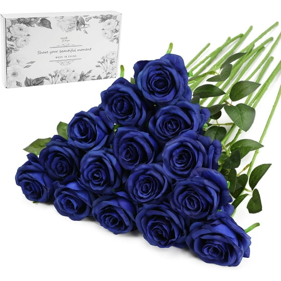 Blue Fake Roses Artificial Flowers - Fake Artificial Roses Silk Flowers with Stems for Home Wedding Hotel Office Centerpiece Decor（Navy Blue）