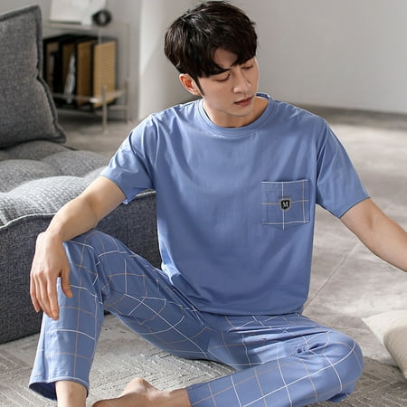 

PIKADINGNIS Mens Pajamas Set Spring Summer Leisure Elastic Waist Men Sleepwear Set Long Pant Cotton Mens Short Sleeve V-neck Nightwear