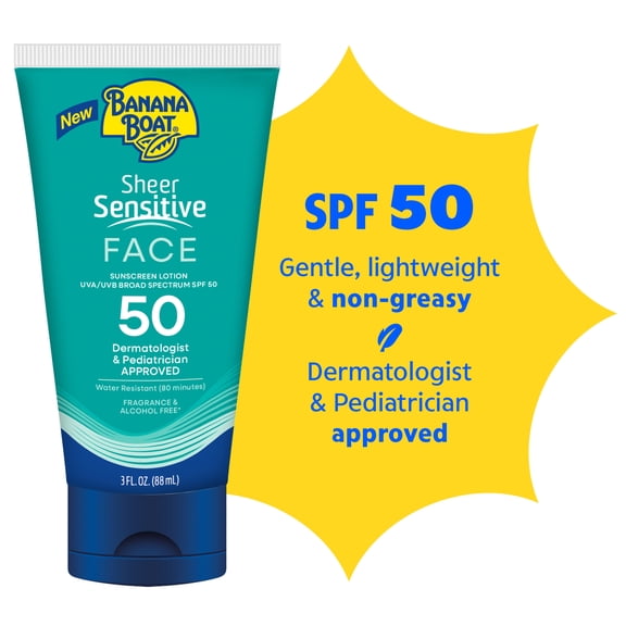 Banana Boat Sheer Sensitive, Face Sunscreen Lotion, SPF 50 for Kids & Adults, Travel Size, 3 fl oz