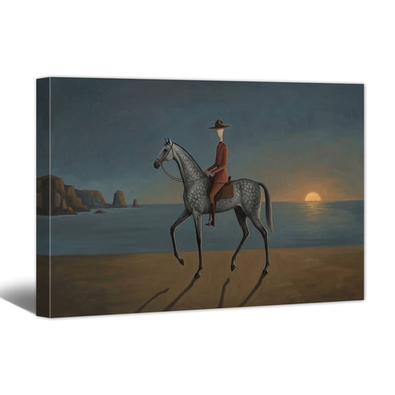Vintage Americana Art Canvas Print Cowboy Riding Horse Painting Wall Art Horizontal Western Abstract Desert Artwork for Living Room Bedroom Home Office Decor