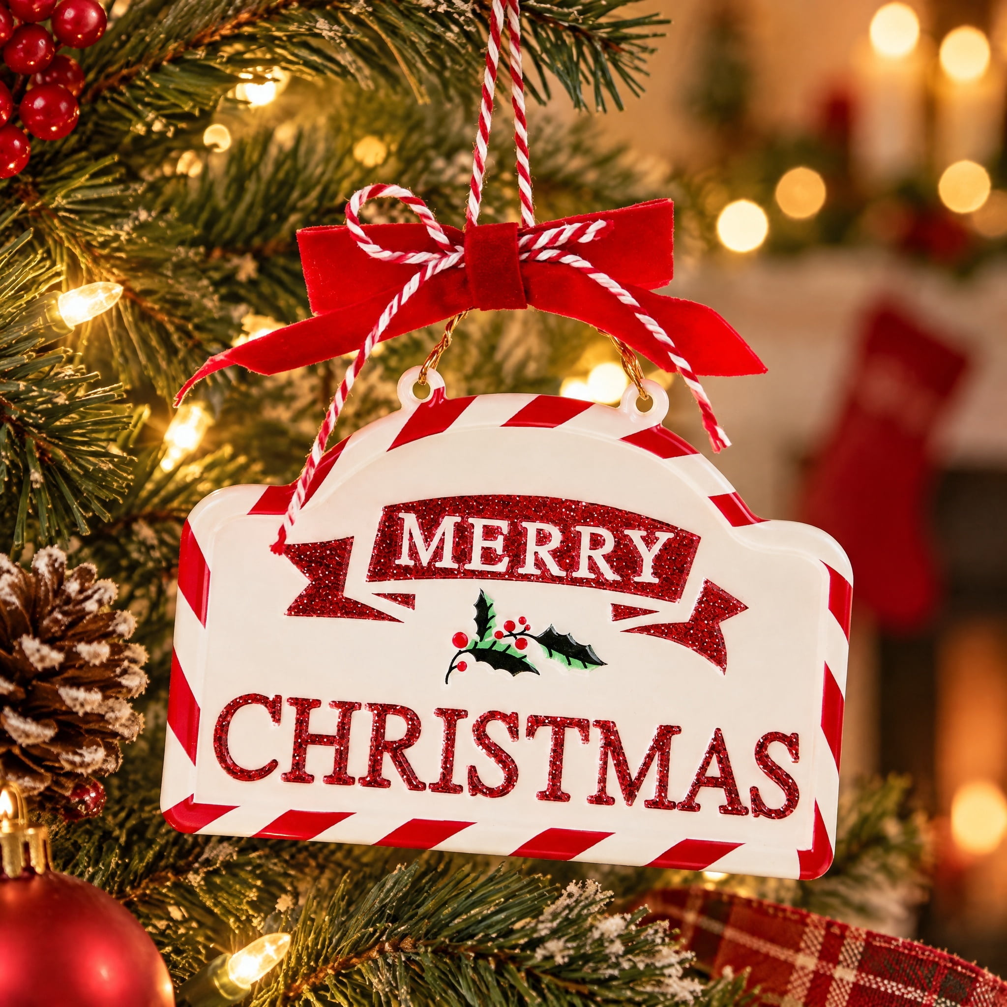 Red/Green/White Metal Merry Christmas Ornament, 5.5", by Holiday Time