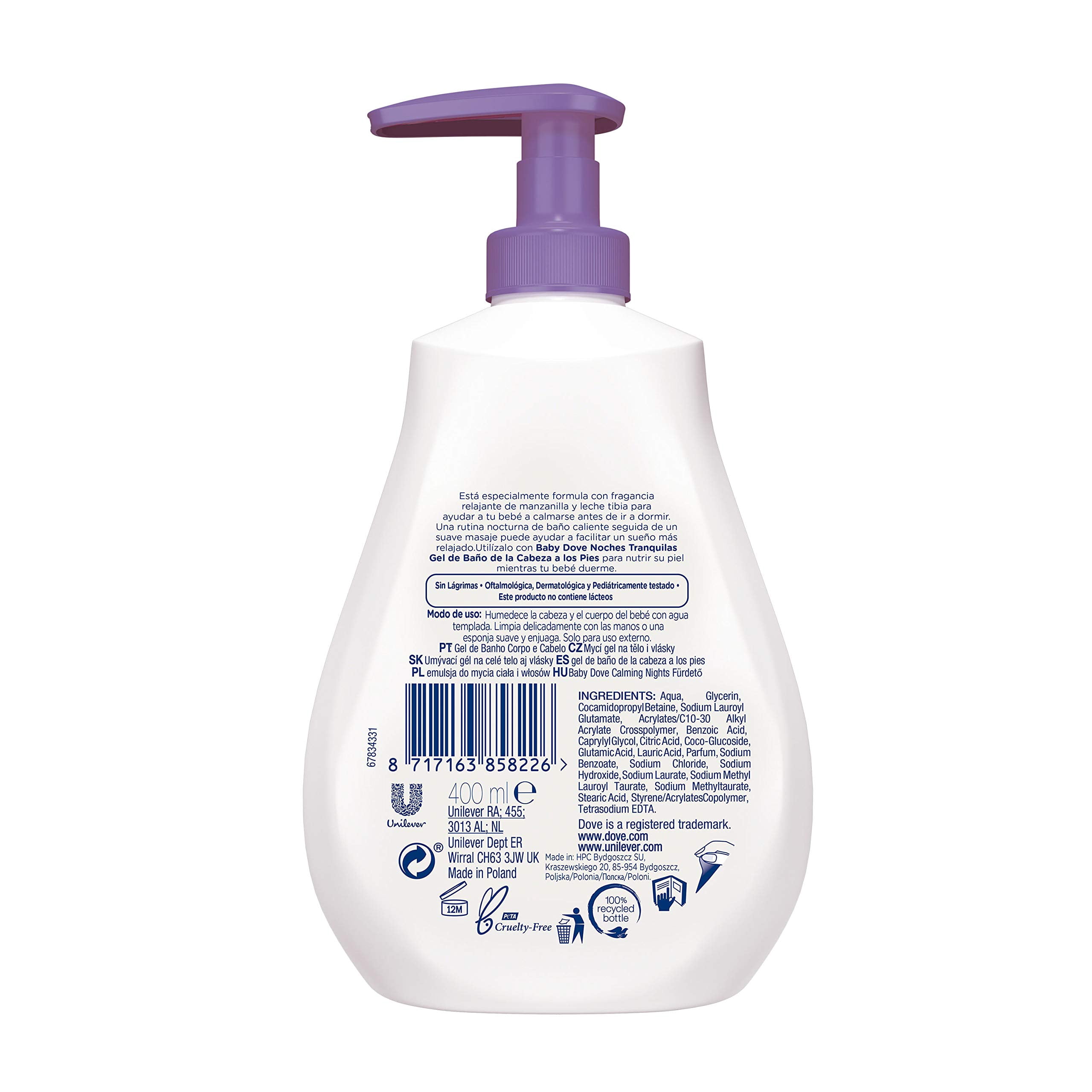 Baby Dove Calming Moisture Sensitive Skin Night Time Wash, 3 Pack Hypoallergenic and Tear-Free Bath Wash, Scented, Suitable for Newborns, 400 ml (3x 13.52 oz)
