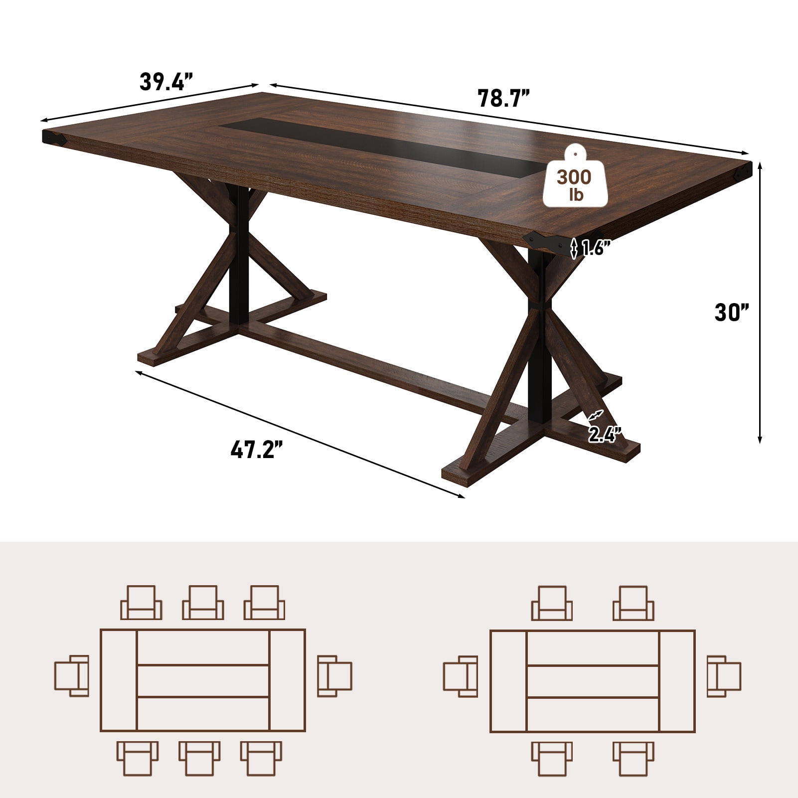 Blotout 79" Modern Farmhouse Dining Table for 8-10 People, Rectangular Wood Dining Table with Wood Strip Base, Long Kitchen Table for Dining Room, Gathering, Kitchen (Brown)