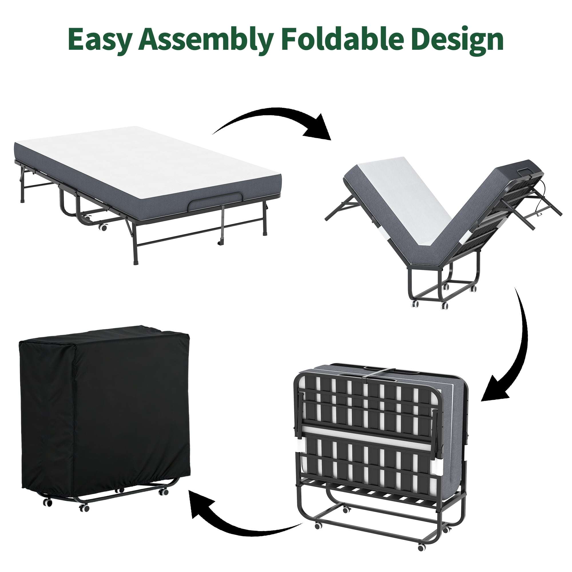 75" x 46"Folding Guest Bed with Mattress, Portable Large Rollaway Bed for Adults, Fold Up Bed for Adults, Hospital Bed, School Bed