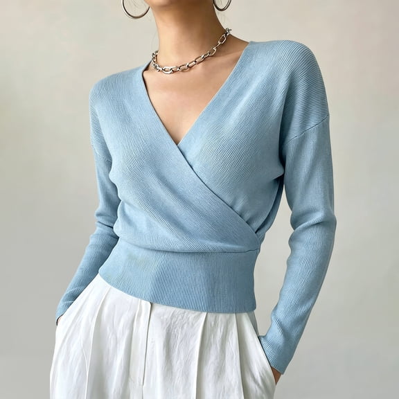 HBYJLZYG Women's Long Sleeve Wrap Sweater, Solid Ribbed Knit V-Neck Slim Fit, Cropped Versatile Casual Style for Fall Winter Office and Everyday Wear.