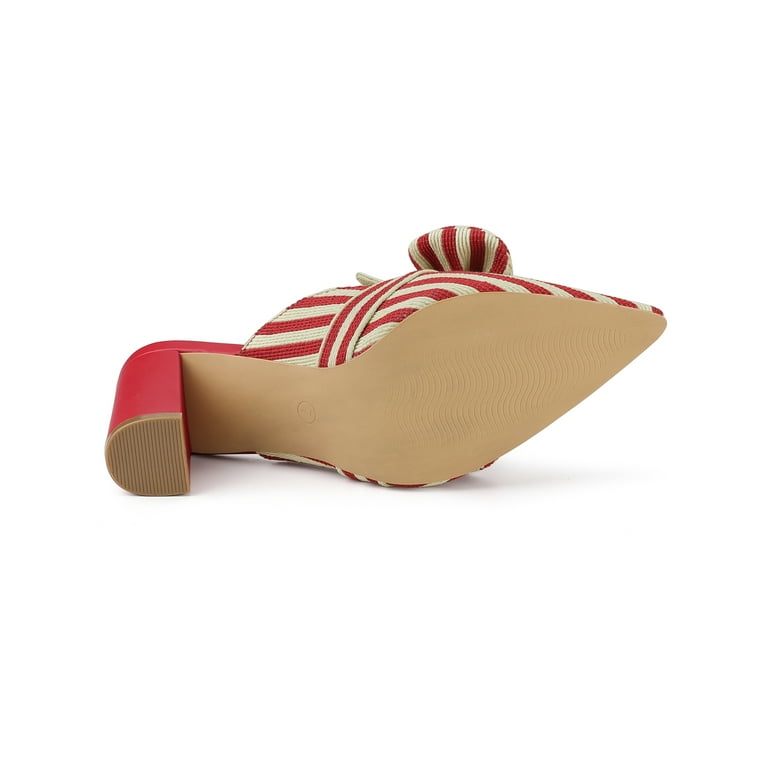 BLISSFUL STEP Women Stripe Bow Pointed Toe Block Heel Slides Mules