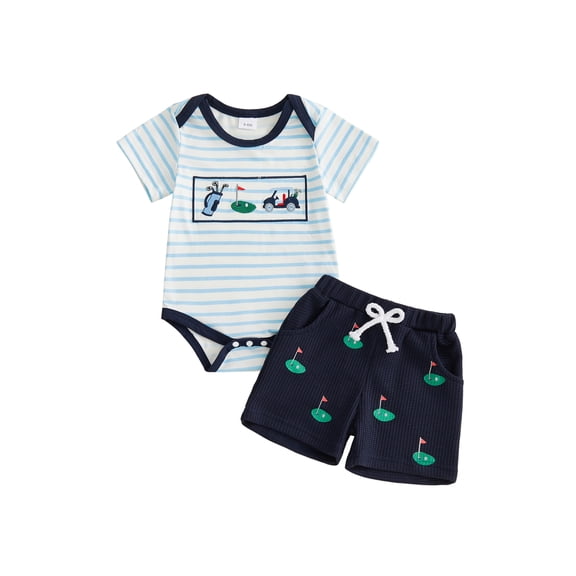 BemeyourBBs Newborn Baby Boys Summer Clothes Outfit Baby Boy Golf Outfit 0 3 6 9 12 18 Months Cute Golf Embroidery Short Sleeve Striped Romper with Pockets Shorts 2Pcs Set