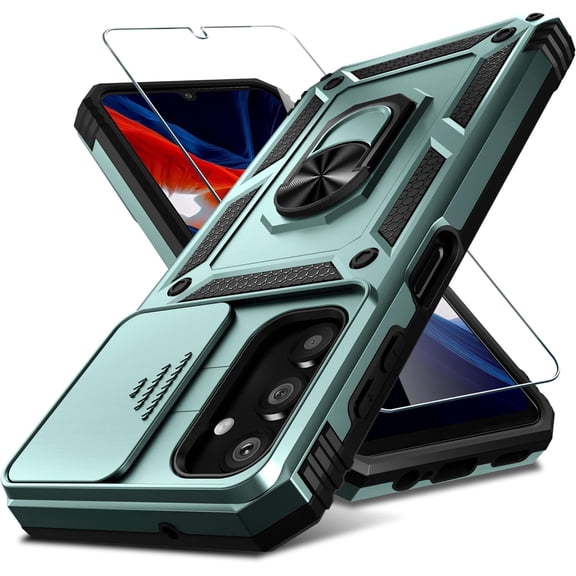 Compatible with Galaxy A25 5G Case Built in Slide Camera Lens Cover Screen Protector Finger Ring Holder Kickstand,Heavy Duty Shockproof Full Body Phone Cover,2024 Dark Green