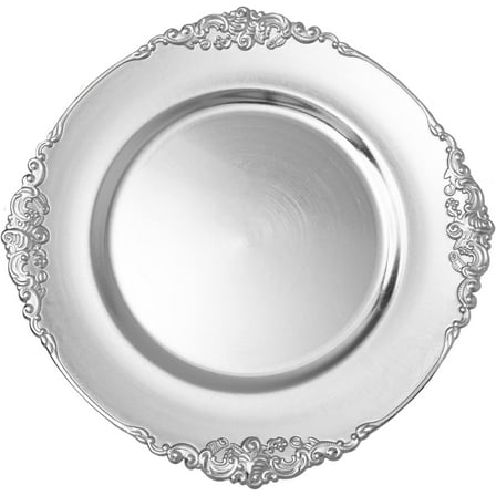 Simply Elegant Filigree Edge Plastic Charger Plate | Service Plate for Parties, Dinner, Weddings, Quinceaneras and Events | 13 inch Diameter | Silver | Set of 12