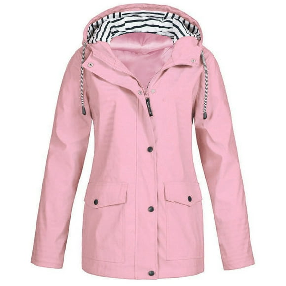 jovati Women Solid Rain Jacket Outdoor Plus Size Waterproof Hooded Raincoat Windproof