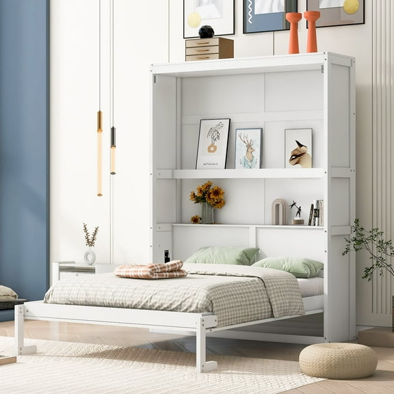 Kumix Full Size Murphy Bed, Wall Bed with Shelves, Multi-function Murphy Bed for Teens Adults, Wood Bed for Bedroom, Space-Saving, White