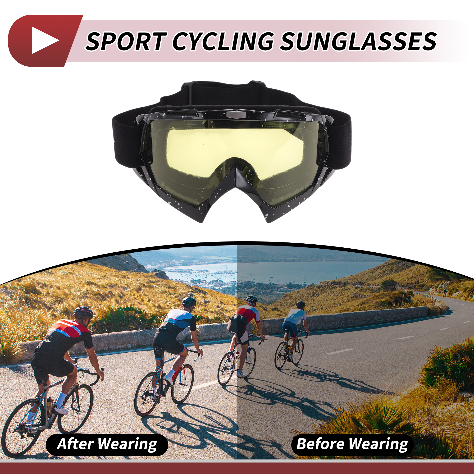 Unique Bargains Motorcycle Riding Goggles PC Cycling Sunglasses Yellow Lens Black White Frame