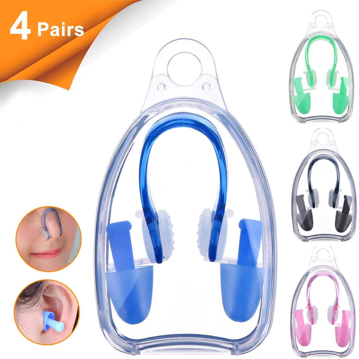 Chainplus Silicone Swimming Earplugs For Kids - 4 Swimming Ear Plugs And Nose Clip Sets, Waterproof Silica Gel Ear & Nose Protector Block Water Soft & Comfortable For Children Girls Boys Babies