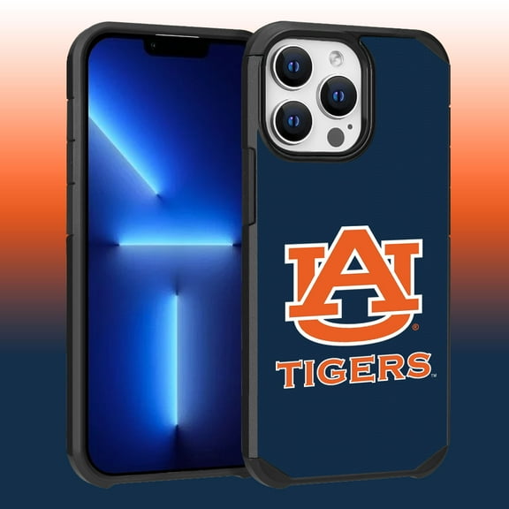 Apple iPhone 13 Pro Max (6.7) / 12 Pro Max (6.7) - Licensed NCAA of Auburn University Tigers Logo on Dark Blue Textured Dual Layer Case