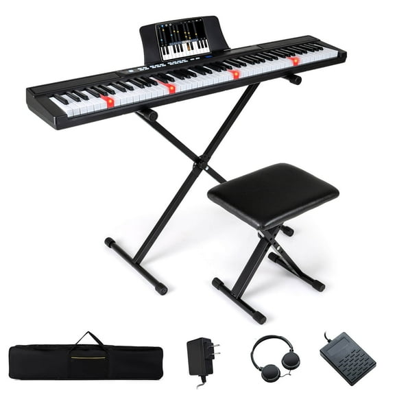 Costway 88-Key Electric Piano Keyboard with Adjustable Stand Stool, Light-up Keys & Buttons Black