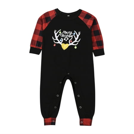 

Gwiyeopda Family Parent-child Pajamas Cartoon Antlers Print Tops + Plaid Trousers Home Clothes Set