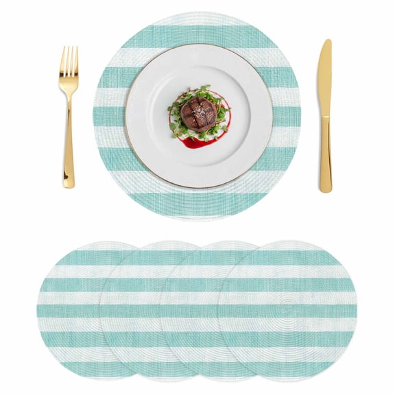 Aqua Striped Round 15 Inch Placemats Set of 4, Rustic Farmhouse Stripes HeatResistant Non Slip Place Mats for Dining Table, Wipeable Braided Kitchen Table Mats for Housewarming