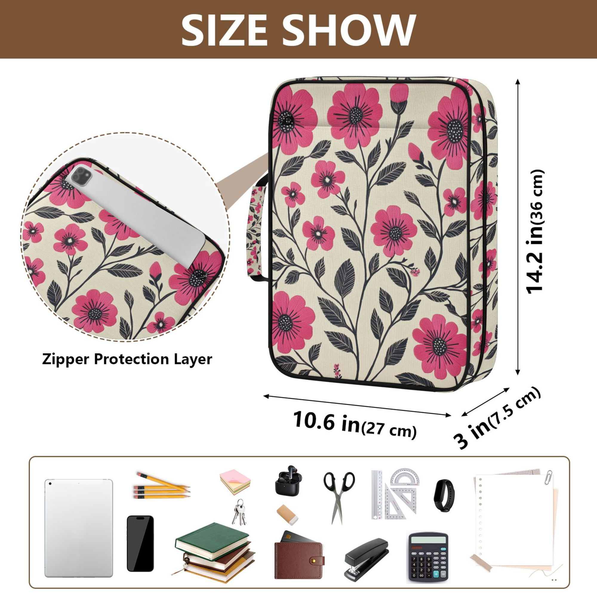 FORMRS Accordion File Folder A4 Size 7-Pocket Expanding Document Organizer Bag with 3 Ring Binder, Pink Flowers