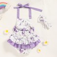 thumbnail image 4 of ZEHJUHAN Baby Girls' Ruffle Sleeveless Halter Romper + Headband Set, Bow Print Summer Outfit with Snap Closure Purple，0-6M, 4 of 9