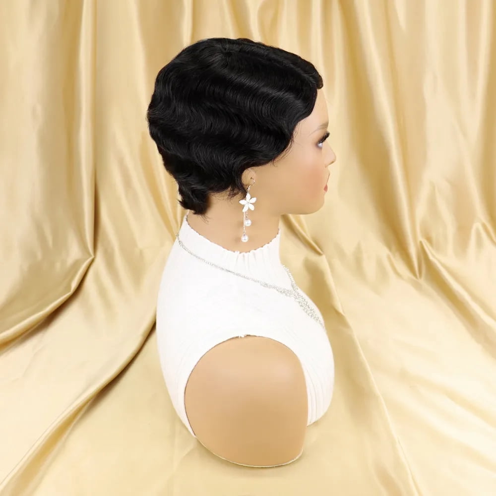 Short Pixie Cut Wigs for Black Women Mommy Brazilian Finger Ocean Wave Remy Human Hair Cheap Wig for Party Natural Black Color Full Machine Made