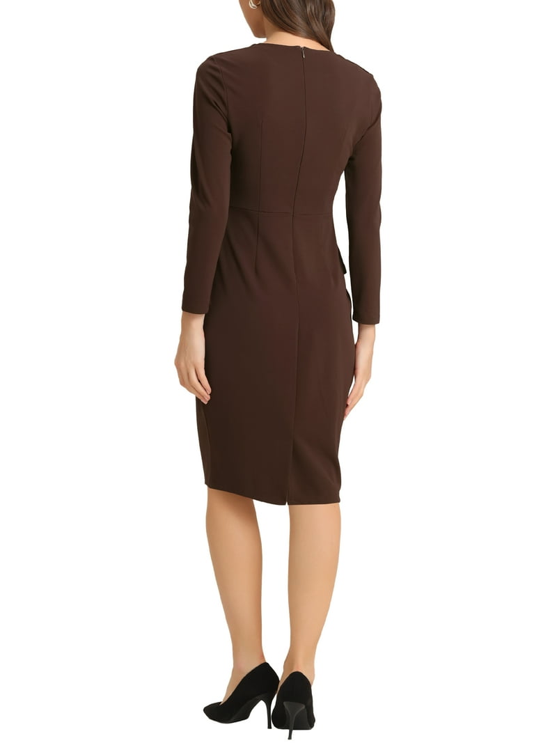 Inspire Chic Women's Peplum Bodycon Dress Crew Neck Long Sleeve High Waisted Midi Sheath Work Dress Dark Brown M