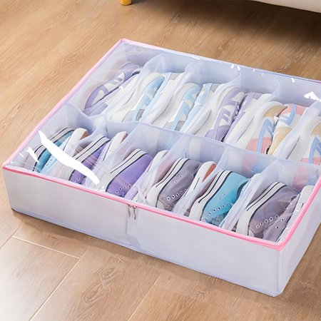NANAHuang Foldable Shoe Storage Organizer Box w/Clear Cover Handle Adjustable Divider Stackable Stash Rack Closet Bin Container Cabinet Shelf Cube Room Home Essential Entryway Furniture 1PC (Pink)